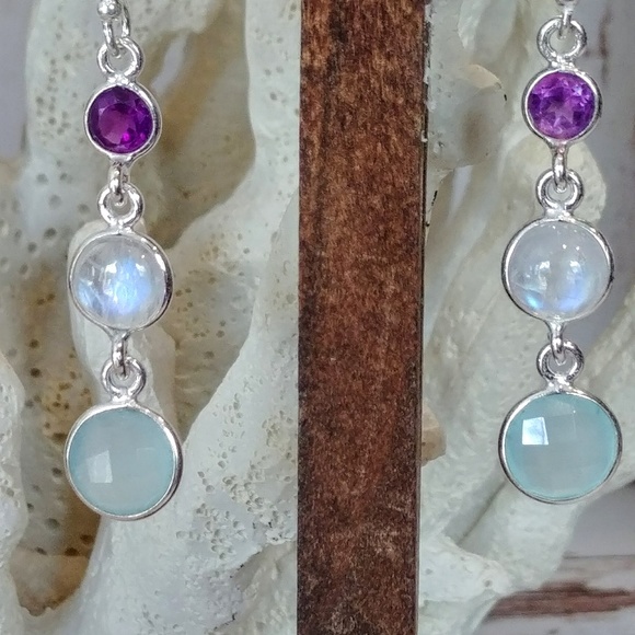 Amethyst Chalcedony & Moonstone Earrings - Picture 3 of 4